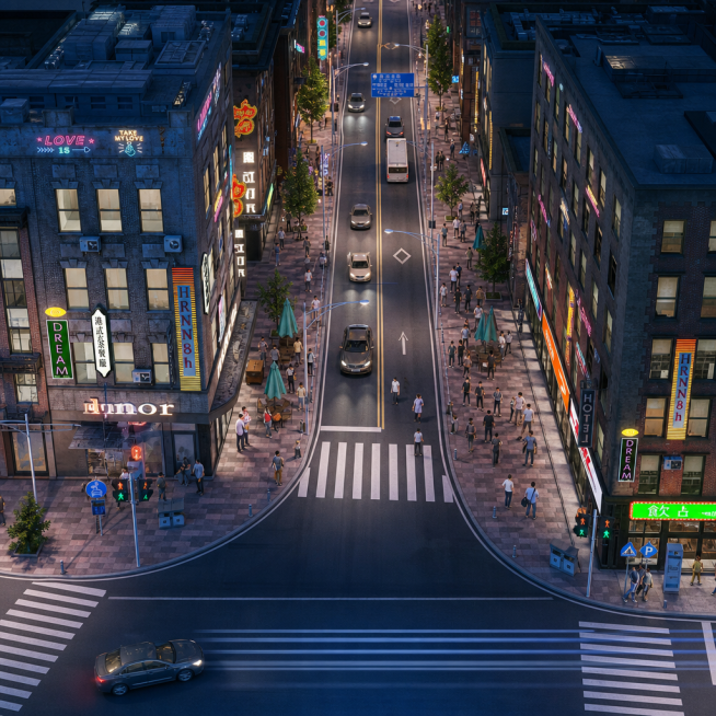 将这张城市街道夜景图片修改为鸟瞰视角，保持原有城市夜景、霓虹灯牌、街道人群和建筑的整体内容不变，改变视角为高空俯视的鸟瞰角度预览效果