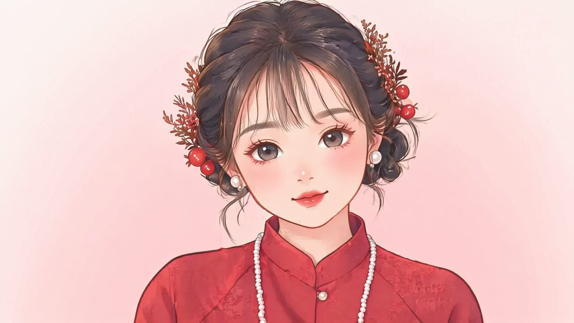 参考图1的漫画插画风格，将图2的红衣中式新娘头像转成同款手绘卡通风格，保留人物五官和发型发饰特征，粉色浅背景，柔和配色预览效果