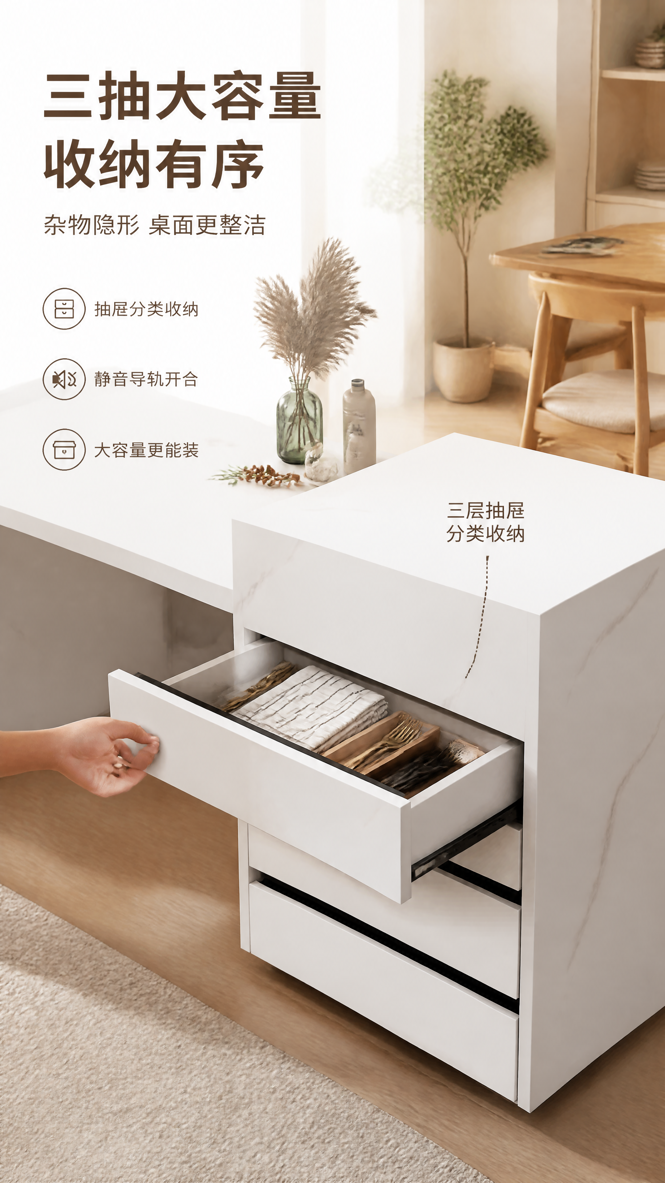[第6张] 储物收纳页-三抽抽屉开合与内部收纳展示。本张使用【… - 图片创意预览