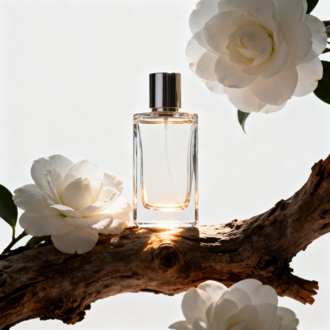 枯枝上的香水瓶场景，明亮的纯色背景，粗大的杆枝，香水瓶立于杆枝上，周围有一些白色的山茶花，柔和的色调，摄影，高品质，大师杰作预览效果