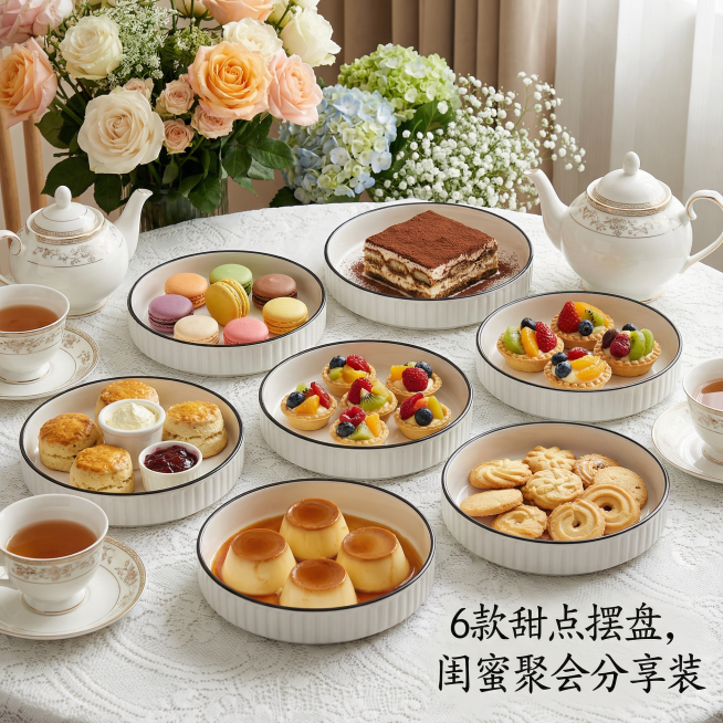 这是一只陶瓷盘，其名称为山田竖纹美式盘，碗口直径为7英寸。我给你提供了一张白底图，请根据我的白底图，帮我绘制8张不同角度的场景图。每张场景图比例为1:1，内容是将这些盘子与不同的日常生活场景结合，并配预览效果