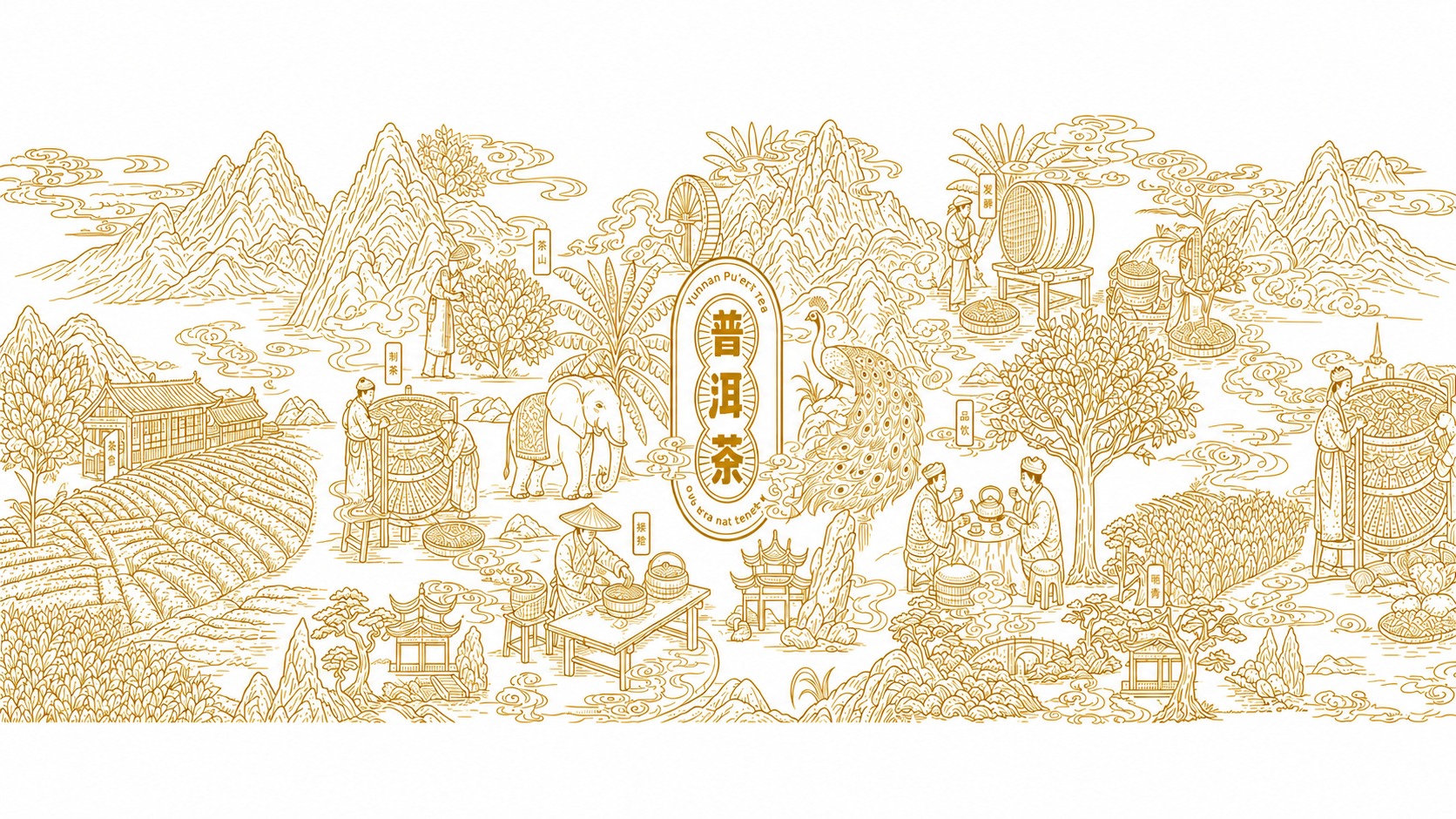 将这张线描图中所有的黑色线条全部改为深黄色（类似深赭石/暗金色… - 图片创意预览
