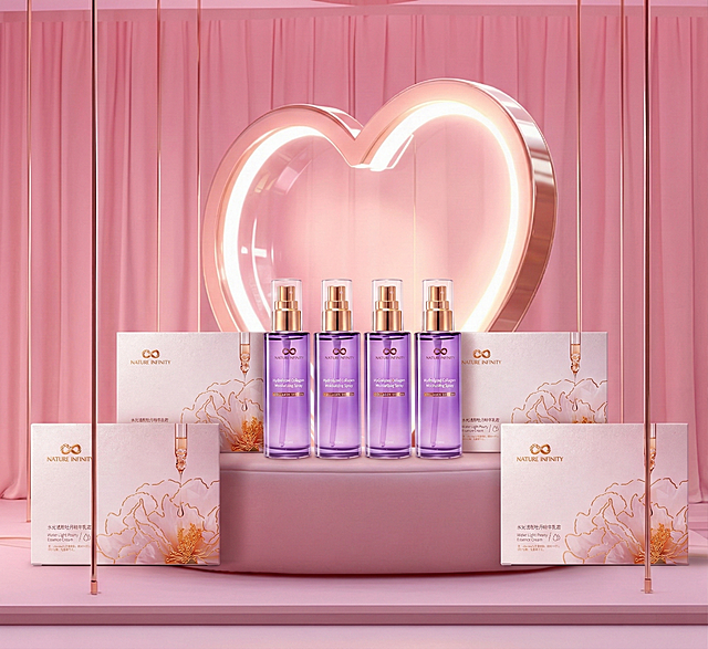 将图2的白色礼盒和图3的紫色喷雾自然放置在图1的粉色心形场景中，自动匹配场景的阴影及灯光，保持产品细节不变