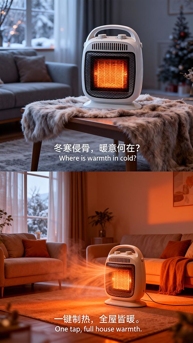 生成两宫格艺术感写真图，场景为冬日客厅，冷灰与暖橙渐变。画面主体为暖风机。上一张为近景，暖风机静置于铺羊毛毯的桌子上，添加中英字幕 字幕 “冬寒侵骨，暖意何在？ Where is warmth in cold?”；下一张是客厅全景，开机出热风（暖光萦绕），添加中英字幕“一键制热，全屋皆暖。 One tap, full house warmth.”；整体色调温柔治愈，两张图合成纵向两宫格，字幕于每格底部居中。