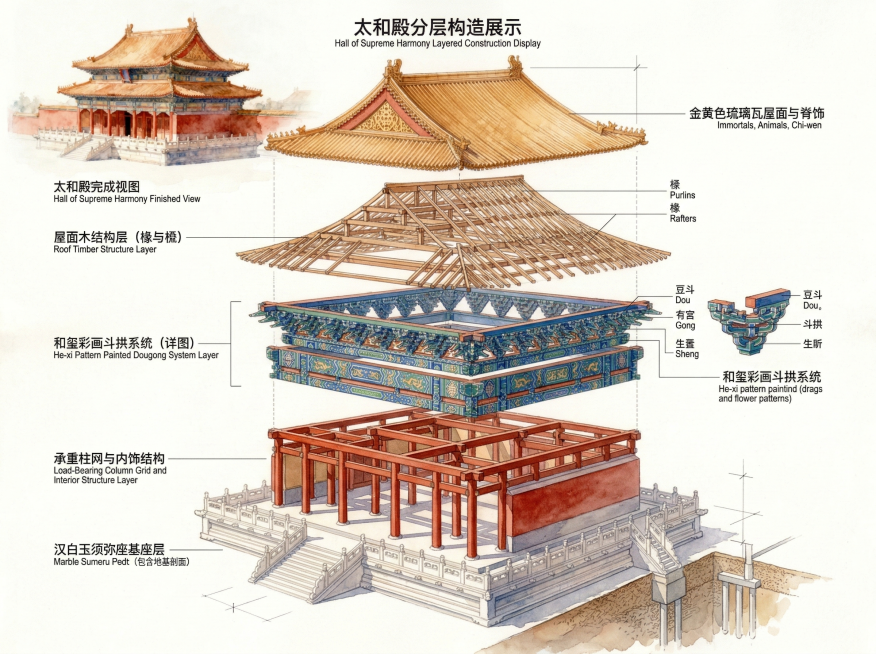将这张太和殿示意图调整为更完整的分层构造展示，补充太和殿的斗拱层、屋面层、内饰结构等缺失的分层部分，所有分层结构依次展开排列，保持水彩风格，颜色完全匹配太和殿实际色彩，整体构造展示清晰专业预览效果