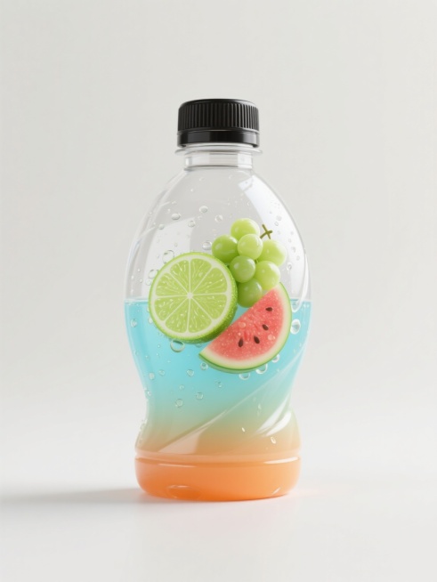 透明PET材质饮料瓶，瓶身呈柔和曲线造型，瓶盖为黑色螺旋盖，瓶身下半部分渐变色彩（可尝试清新蓝、活力橙、静谧绿等不同配色），瓶身中央有立体感的水果图案（如青柠、葡萄、西瓜等不同样式水果），水果表面带有水珠和气泡效果，背景为纯净浅色，整体画面简洁清爽，突出产品主体，具有现代饮料包装的设计感和吸引力。预览效果