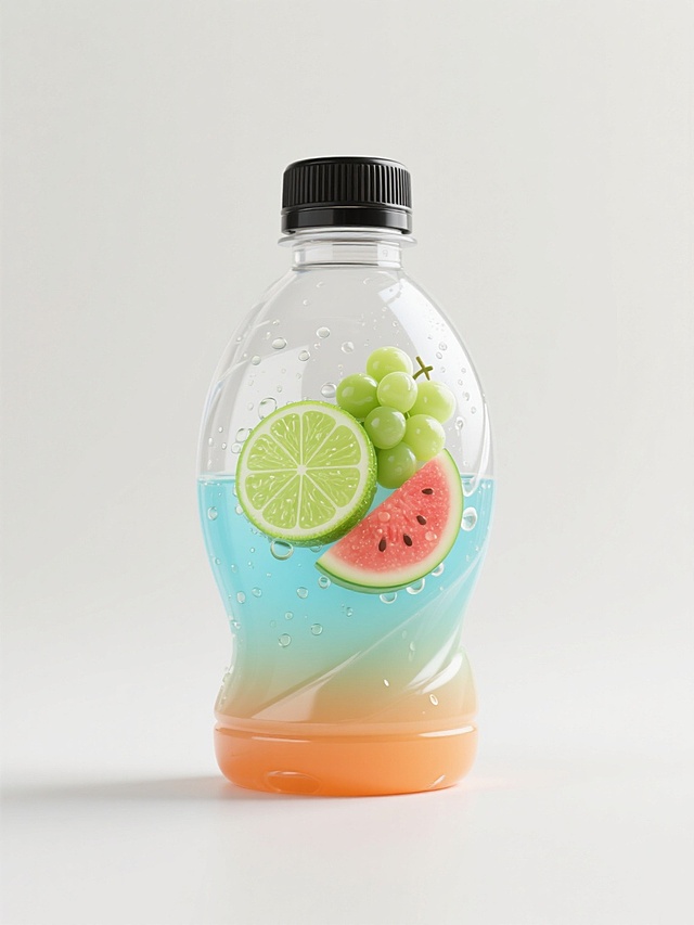 透明PET材质饮料瓶，瓶身呈柔和曲线造型，瓶盖为黑色螺旋盖，瓶身下半部分渐变色彩（可尝试清新蓝、活力橙、静谧绿等不同配色），瓶身中央有立体感的水果图案（如青柠、葡萄、西瓜等不同样式水果），水果表面带有水珠和气泡效果，背景为纯净浅色，整体画面简洁清爽，突出产品主体，具有现代饮料包装的设计感和吸引力。