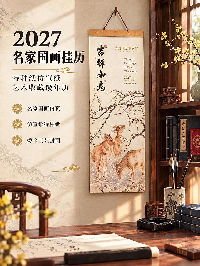修改这张挂历详情页图片，去除挂历下方多余的白色空白部分，将挂历底部三羊国画图案直接延伸至挂历底边，去掉国画下方的空白留白区域，使挂历整体构图更紧凑。保留挂历的所有图案、文字、烫金书法、三羊国画、梅花枝、顶部挂头和挂绳，保留左侧文字排版、背景书房场景、书架、毛笔、砚台、腊梅等所有环境元素不变，只裁剪去掉挂历底部多余的白色空白部分，让国画图案更饱满。保持整体画面风格、光影、色调、分辨率和3:4比例不变。