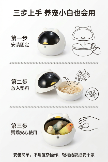 ins简约萌趣风，严格还原鹦鹉太空舱鸟窝，产品比例协调。主视觉为上中下三步教程，第一步安装固定，第二步放入垫料，第三步鹦鹉安心使用，每步搭配产品加简笔示意，背景为纯白渐变，步骤清晰易懂。居上居中放置主预览效果