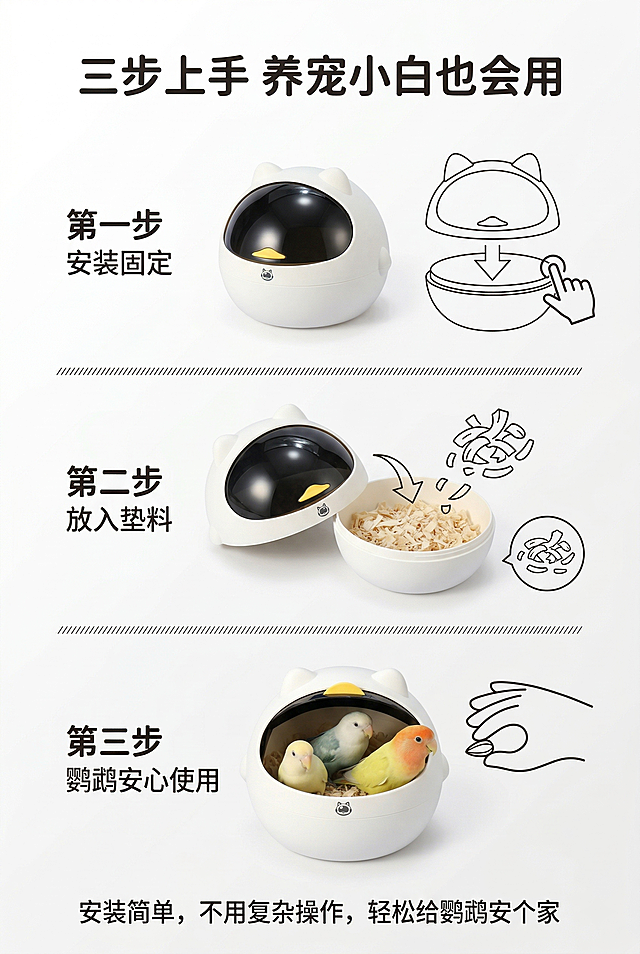 ins简约萌趣风，严格还原鹦鹉太空舱鸟窝，产品比例协调。主视觉为上中下三步教程，第一步安装固定，第二步放入垫料，第三步鹦鹉安心使用，每步搭配产品加简笔示意，背景为纯白渐变，步骤清晰易懂。居上居中放置主标题“三步上手 养宠小白也会用”，居下居中放置副标题“安装简单，不用复杂操作，轻松给鹦鹉安个家”，文字采用圆润无衬线字体，排版步骤规整，简单明了，高清质感。禁止修改产品外观；禁止步骤示意错误；禁止产品比例失调；禁止添加无关元素；禁止风格割裂