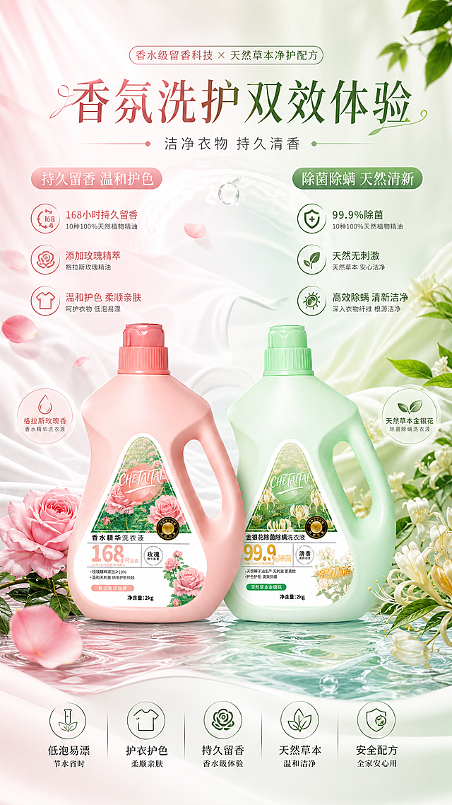 生成洗衣液详情页banner图，将格拉斯玫瑰香香水精华洗衣液和天然草本金银花除菌除螨洗衣液两款产品放在同一画面中，突出玫瑰款168小时持久留香、添加玫瑰精萃、温和护色和金银花款99.9%除菌、天然无刺激、高效除螨的产品特点，整体风格清新自然，适合日用清洁产品宣传，文案参考主流洗衣液详情页，包含"持久留香 温和护色"、"除菌除螨 天然清新"宣传语
