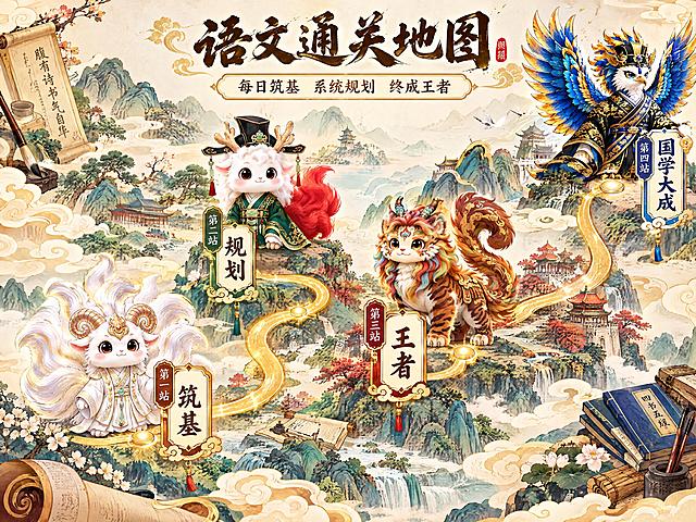 一张精美的国风语文通关地图插画，横版构图，画面顶部居中是大标题"语文通关地图"，副标题"每日筑基 系统规划 终成王者"。地图上有一条蜿蜒的金色路径从左下延伸到右上，沿途分布四个站点：第一站"筑基"，旁边是一只白色九尾羊形象的勇气之神神兽（参考图1的白色九尾羊，金色羊角，白色汉服，可爱Q版）；第二站"规划"，旁边是一只白色鹿角红尾巴的神兽（参考图2，戴黑色官帽，绿色汉服，可爱Q版）；第三站"王者"，旁边是一只彩色鬃毛的老虎神兽（参考图3，橙棕色虎纹，金色云纹装饰，威武可爱）；第四站"国学大成"，旁边是一只蓝金色翅膀的鹰形神兽（参考图4，黑色金纹汉服，蓝色羽毛，庄严威武）。地图背景是淡米色古风卷轴风格，点缀祥云、山水、书卷元素，整体国潮插画风格，色彩丰富，细节精致，画面清晰