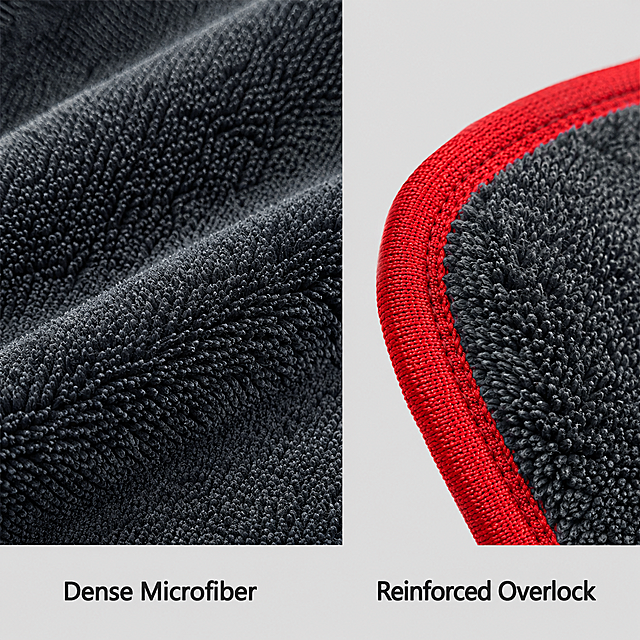 [主图 3] Close-up detail display of microfiber car wash towel. Amazon commercial style, high quality realistic photography. 2K resolution, clear texture, commercial photography quality. Extreme macro shot of the reinforced edge locking and fiber texture of the towel. Keep the product color red edge dark gray fabric consistent with the original image. Soft side backlight highlights the dense fiber structure and neat overlock suture. Background light grey solid color, focus sharp on the detail area. Left large close-up of fiber texture, right small close-up of reinforced edge locking. Under the picture: text description 'Dense Microfiber' and 'Reinforced Overlock', simple font, clear contrast. 1:1 2048*2048 2K. Negative: distortion, watermark, text error, blur, messy background, Chinese