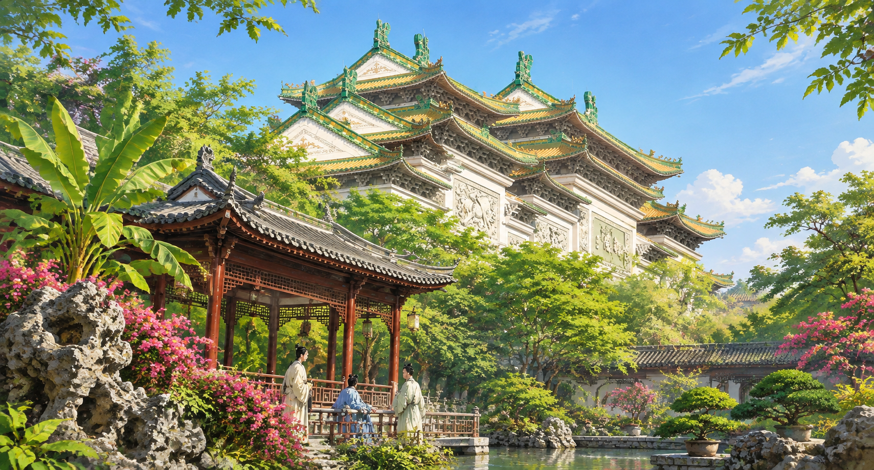 顺德古建筑插画风格，岭南建筑与江南园林艺术融为一体。 主体：建… - 图片创意预览