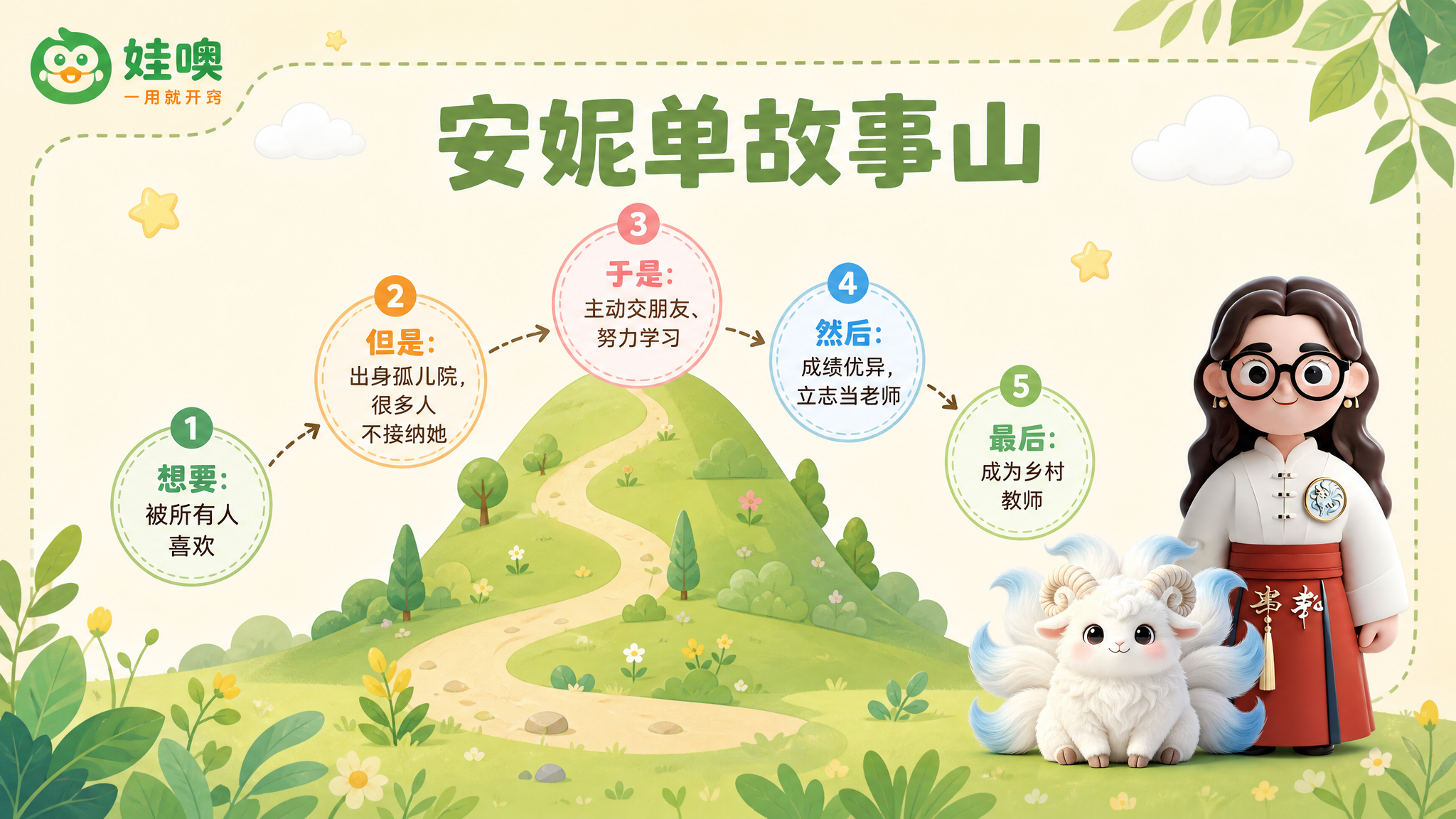 A4横版儿童教育PPT页面，清新杏色和绿色可爱风格，浅杏色背景… - 图片创意预览
