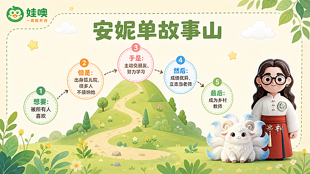 A4横版儿童教育PPT页面，清新杏色和绿色可爱风格，浅杏色背景，绿色叶子装饰，白色云朵，黄色星星点缀，圆角虚线边框。左上角有"娃噢 一用就开窍"品牌logo。页面大标题为"安妮单故事山"，绿色粗体大字。中间展示一座可爱的小山丘，山上有5个节点，从左到右依次标注：1.想要：被所有人喜欢；2.但是：出身孤儿院，很多人不接纳她；3.于是：主动交朋友、努力学习；4.然后：成绩优异，立志当老师；5.最后：成为乡村教师。每个节点用彩色圆形或云朵框标注，有箭头连接形成故事山曲线。山的颜色用绿色和浅棕色，可爱卡通风格。页面右下角放置穿白色中式盘扣上衣红色裙子戴黑框眼镜棕色长卷发的3D卡通女老师和白色九尾羊有螺旋羊角尾巴尖带淡蓝色的毛绒神兽形象。底部有绿色草地和叶子装饰。整体风格清新可爱，故事山清晰，A4横向比例，儿童教育主题，阅读学习