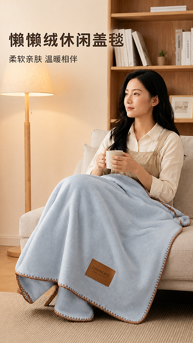 [主图] 浅蓝色懒懒绒休闲盖毯模特使用场景首图；保持浅蓝色懒懒绒盖毯外观（物理结构、材质质感、颜色、棕色皮标GOODLIFE、锁边工艺）与产品图https://gdesign-dam-hz.dancf.com/37323727940338722/c2d47688a1de4dfa9e38af9b5178142a.png完全一致，杜绝变形和色差；构图、排版、场景完全复刻参考图https://gdesign-dam-hz.dancf.com/37323728701742199/f77c687f1461416b88c8f7a761255818.jpg，场景为温馨原木风客厅，亚洲女模特坐浅灰色沙发上，手持白色马克杯，盖毯自然搭在腿部，背景为原木书架和落地灯，暖调温馨自然光；商品主体占比严格控制在70%左右，画面满屏无边框；主光源来自左侧落地灯，光线柔和通透，形成自然明暗层次，暖调氛围感，产品清晰真实，画面干净高级；配色为浅奶咖暖调，主色为盖毯浅蓝色，背景原木浅棕色，服饰浅米色，整体和谐统一；视角为平视，景深中等；文字版式：左上负空间左对齐留安全边距，两行主辅文案不遮挡主体和人脸，大字主文案是懒懒绒休闲盖毯，深棕色最大号粗体无衬线；下方辅助文案是柔软亲肤 温暖相伴，约半高、同色；所有文字清晰锐利；保持品牌皮标位置和样式与产品图完全一致；输出9:16比例，文字清晰可辨，超高清商业摄影质感，负向提示词：变形，文字错乱，产品图模糊，背景杂乱，水印，电商平台Logo