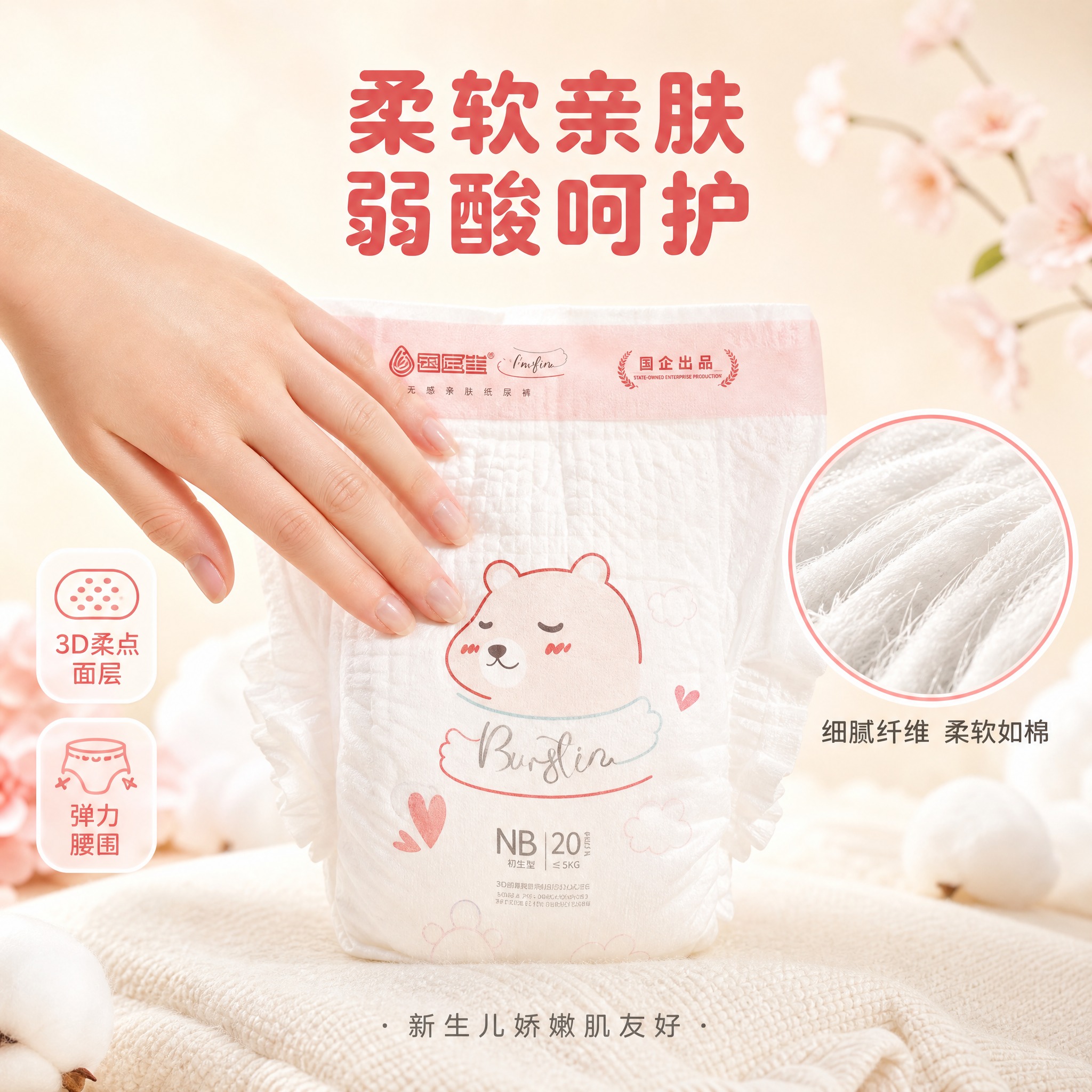 [主图-3] 蚕医生活力系列纸尿裤NB码 材质细节亲肤展示图，… - 图片创意预览