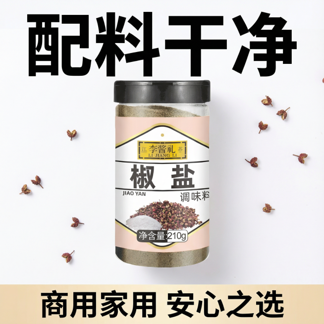 这张图片中的产品是椒盐调味料，我在拼多多卖这款产品，请帮我设计20张拼多多主图
主图文案要求：配料干净，咸淡适中，净含量210g，做菜口感味道好，烧烤撒料，火锅蘸料，油炸搭档，粉质细腻，海鲜/干锅/炒预览效果