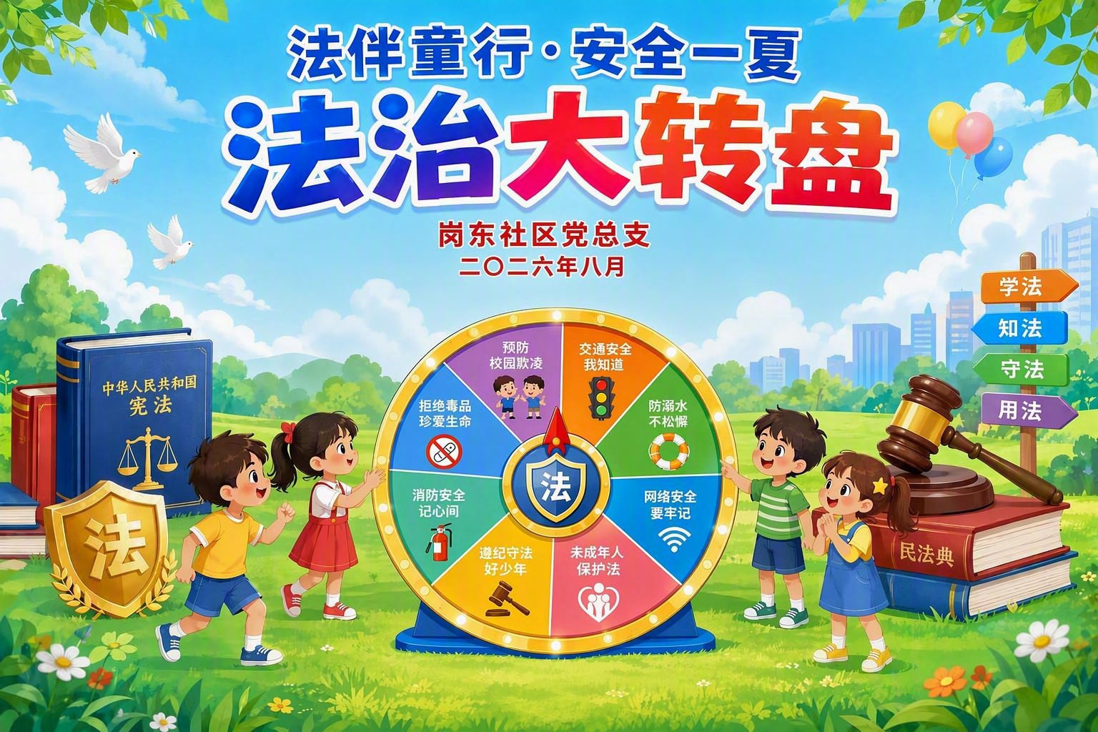 将图片中间的法治大转盘整体向下移动一些位置，使大转盘与上方的署… - 图片创意预览