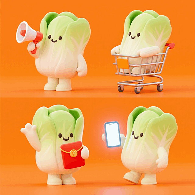 4个同角色不同动作的拟人化的白菜：1、拿着喇叭，2、坐在购物车里，3、拿着红包，4、拿着手机。橙色背景，上下两行，排列整齐
