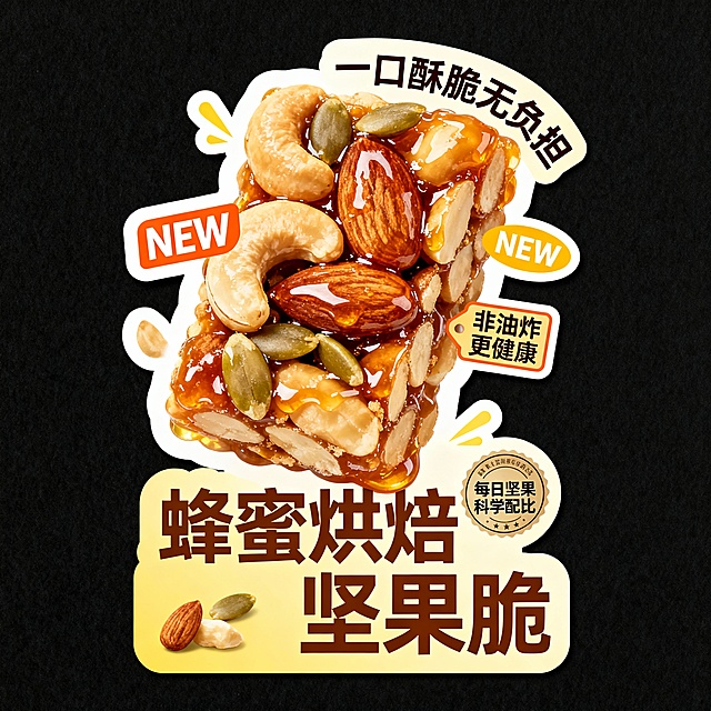 主体蜂蜜烘焙坚果脆——环绕 “一口酥脆无负担”，搭配 “NEW” 标识与 “非油炸更健康” 小标签；底部 “蜂蜜烘焙坚果脆” 暖黄调字体标题，辅以 “每日坚果科学配比” 圆形徽章。