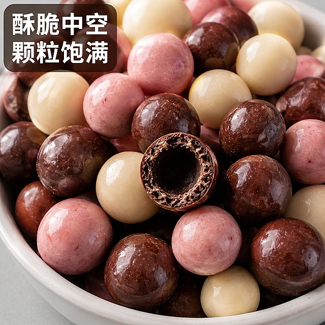 [主图-4] 颗粒质地特写-西树一可纯可可脂巧克力脆脆球微距质感精修主图。
[氛围风格] 微距食欲感，突出酥脆颗粒质地，精修后细节清晰商业风。
[画质] 微距细节清晰锐利，产品精修后质感真实自然，商业摄影级画质。
[元素] 混合三色巧克力脆球倾倒在白瓷碗中，完整展示颗粒饱满圆润形态，黑、粉、米白三色分明，一颗脆球掰开露出中空酥脆内芯，放在视觉中心突出结构特点。产品颜色和形态保持真实自然，精修优化纹理和光泽，细节占屏超过70%。
[光影] 侧光拍摄，突出脆球表面光滑光泽和切面层次，高光点缀，阴影柔和，增强立体感和食欲感，精修提升光影层次。
[配色] 浅灰色背景，主色为巧克力三色，对比清晰自然，精修优化色彩还原真实色泽。
[视角构图] 微距俯视，主体居中，景深较浅，突出核心质地细节。
[文字版式] 左上角主标题「酥脆中空 颗粒饱满」，思源黑体粗体白色，深棕色半透底衬，文字不遮挡核心切面细节，清晰可读。
[比例分辨率] 1:1比例，4K分辨率，文字清晰锐利，画面超高清。
[负向提示词] 变形，文字错乱，产品图模糊，背景杂乱，水印，电商平台Logo