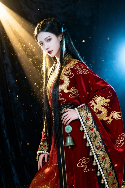 真人写实摄影，少女，妖冶，达尔丁效应，瓜子脸，冷白皮，战国袍，华丽，多装饰，长头黑发预览效果