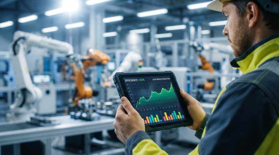 Photorealistic factory engineer holding tablet with dynamic green line graphs and colorful bar chart预览效果