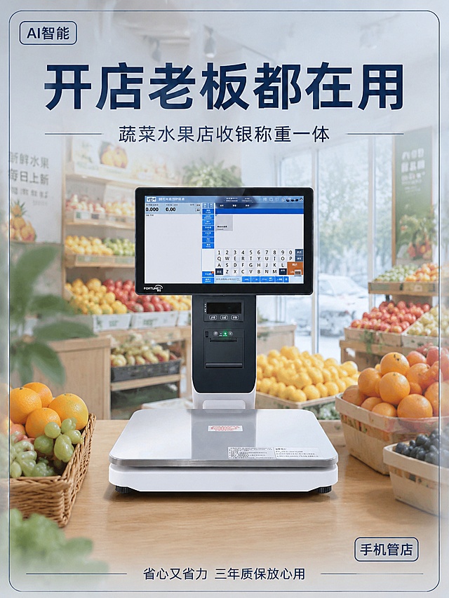 小红书笔记配图，ins清新简约商务风，版式精美，小红书笔记质感，干净专业不花里胡哨，真实水果店场景。主标题必须完整呈现，逐字锁定：「开店老板都在用」。主标题字号占画面约22%视觉权重，位于画面顶部。副标题：「蔬菜水果店收银称重一体」。底部引导文案：「省心又省力 三年质保放心用」，位于画面底部居中。背景：真实蔬菜水果店收银台场景，周围有新鲜水果陈列、蔬菜货架，自然光与店内灯光结合，温暖明亮有生活气息，叠加浅灰蓝色半透明遮罩弱化背景，突出产品。配图：【图2】中的AI一体称产品位于画面中心，产品占画面约45%面积，优化清晰度、去除反光，产品提亮、边缘清晰，与背景水果店收银台场景自然融合。装饰：产品四周加一个细线圆角矩形边框，左上角加「AI智能」小标签，右下角加「手机管店」小标签，均为细线圆角矩形样式，克制不花哨。整体氛围：真实种草、开店必备、清爽专业有烟火气。画质：高清细腻，信息层级清晰，主标题与背景强对比，文字完整处于安全区内不可裁切，四周留安全边距。画面比例3:4，4K。图生图：严格使用用户上传图片，【图2】= 产品主体展示图，保留产品外形与文字内容，替换背景为真实水果店收银台场景。
