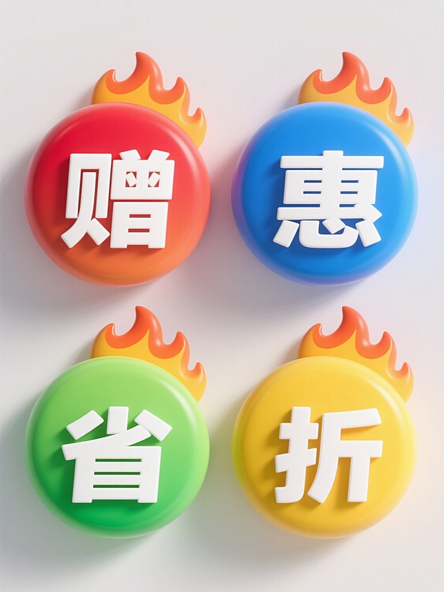 一组四个规整排布的促销图标，每个图标均为圆形渐变立体造型，顶部带有火焰状装饰，中心为白色粗体汉字，纯色背景。第一个图标为红色渐变，中心汉字“赠”；第二个图标为蓝色渐变，中心汉字“惠”；第三个图标为绿色渐变，中心汉字“省”；第四个图标为黄色渐变，中心汉字“折”。所有图标保持统一的3D质感、光影效果、圆润边缘和火焰装饰风格，整体呈现出欢快、促销的商业氛围，适合用于电商或零售的促销素材集合。