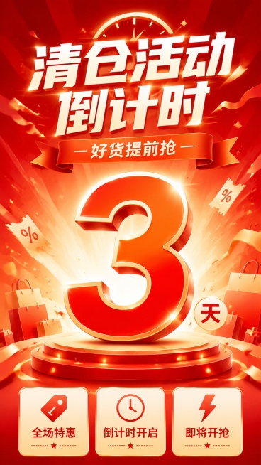 写实商业促销海报，清仓活动倒计时主题，主标题"清仓活动 倒计时"，副标题"3"，装饰文字"好货提前抢"，卖点标签"全场特惠""倒计时开启""即将开抢"。整体风格为活动冲击型促销风格，红橙暖色调背景，大预览效果