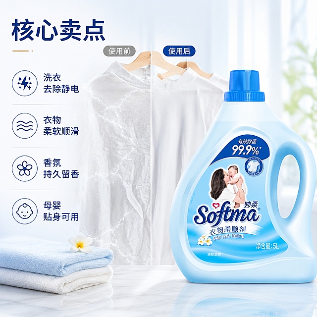 「图片1」生成一套主图（5张），商品名称是家家宜妙柔柔顺剂，净含量5kg，卖点是洗衣去除静电
衣物柔软顺滑
香氛持久留香
母婴贴身可用
多款香型可选
大桶家用耐用，突出商品卖点，规格是5kg瓶装陈列设计，并配有清洗衣物后衣物干净留香，不能出现平台官方违规词，结合电商爆款主图边框设计，吸睛力超强，用户看到要点击的感觉，适配电商平台，主图比例为1:1