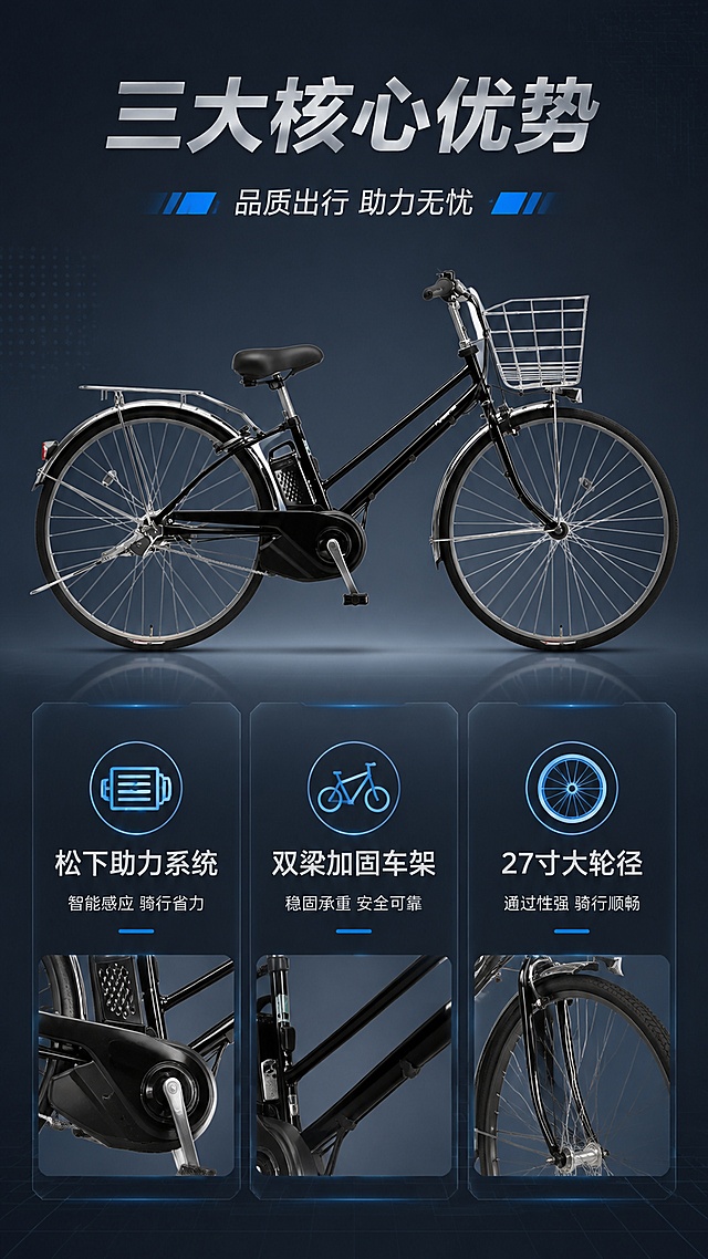 [第2屏] 详情页核心卖点-日本松下原装进口27寸双梁男士商务助力自行车三大核心优势解析。本屏使用【图1】作为商品主体参考，保持产品外观结构一致。
[氛围/风格] 科技商务风，沉稳专业，突出技术品质感。
[元素布局] 画面上方为产品侧视全貌图，占比约40%，居中展示；下方三栏布局分别展示三大核心卖点，每栏配图标+标题+简短说明；背景为深灰色渐变，点缀科技感线条与网格；产品结构、颜色、部件与输入图一致。
[光影质感] 顶部均匀柔光，产品下方有柔和投影，整体干净利落有质感。
[配色色系] 全局底色 #34495E 深灰蓝；主色黑色车身+深灰背景；辅助色银色、白色文字、蓝色图标点缀。
[视角构图] 上下分栏构图，上半部分产品展示，下半部分三栏卖点，阅读动线从上到下。
[文字版式] 顶部主标题「三大核心优势」，副标题「品质出行 助力无忧」；下方三栏：第一栏图标为电机图案+标题「松下助力系统」+说明「智能感应 骑行省力」；第二栏图标为车架图案+标题「双梁加固车架」+说明「稳固承重 安全可靠」；第三栏图标为车轮图案+标题「27寸大轮径」+说明「通过性强 骑行顺畅」；文字清晰可读，层级分明。
[比例分辨率] 9:16 竖版比例，4K分辨率，文字清晰可辨，高清画质。
[负向提示词] 车身变形，缺件错件，颜色偏差，水印，文字错乱，产品图模糊，背景杂乱。