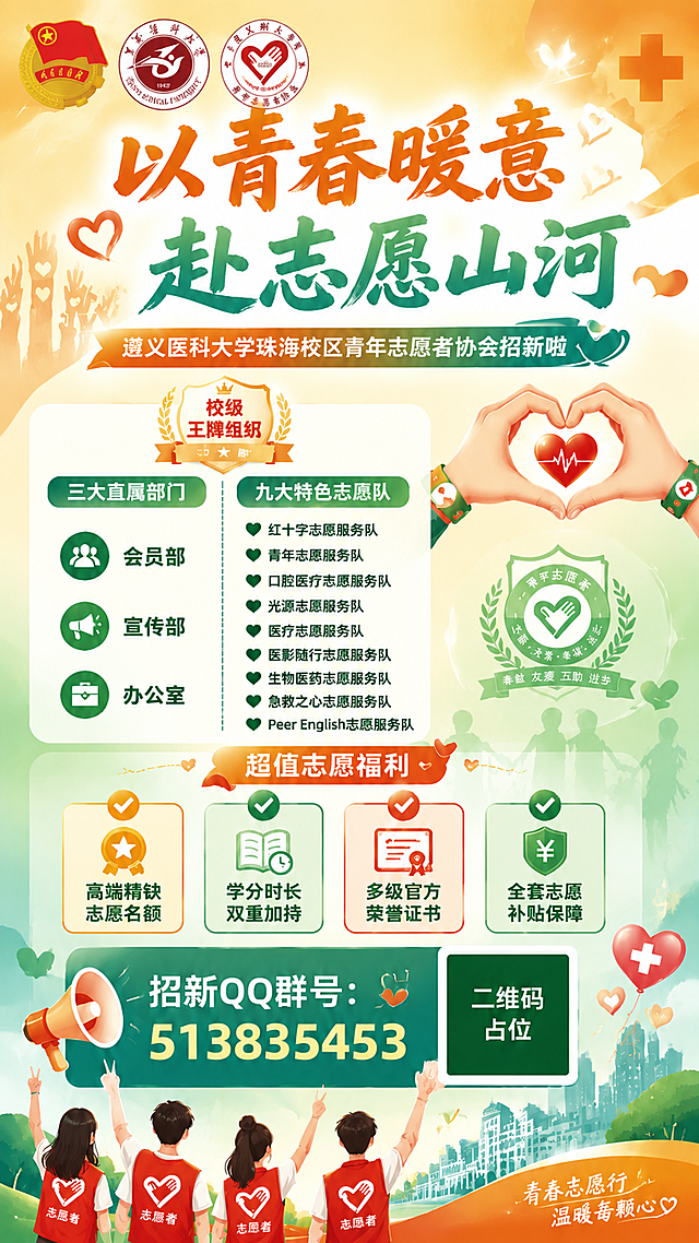 基于原图进行修改：1. 画面底部所有志愿者的志愿服全部改为红色，保持白色爱心标志；2. 整体文字清晰度提升，所有文字更锐利清晰可读；3. 画面左上角横向排列三个徽章，从左到右依次为：团徽（中国共青团团徽）、校徽（遵义医科大学校徽）、青协会徽（遵义医科大学青年志愿者协会会徽），三个徽章大小适中，排列整齐，位于左上角区域，不遮挡主标题。其余画面内容、布局、配色保持不变。