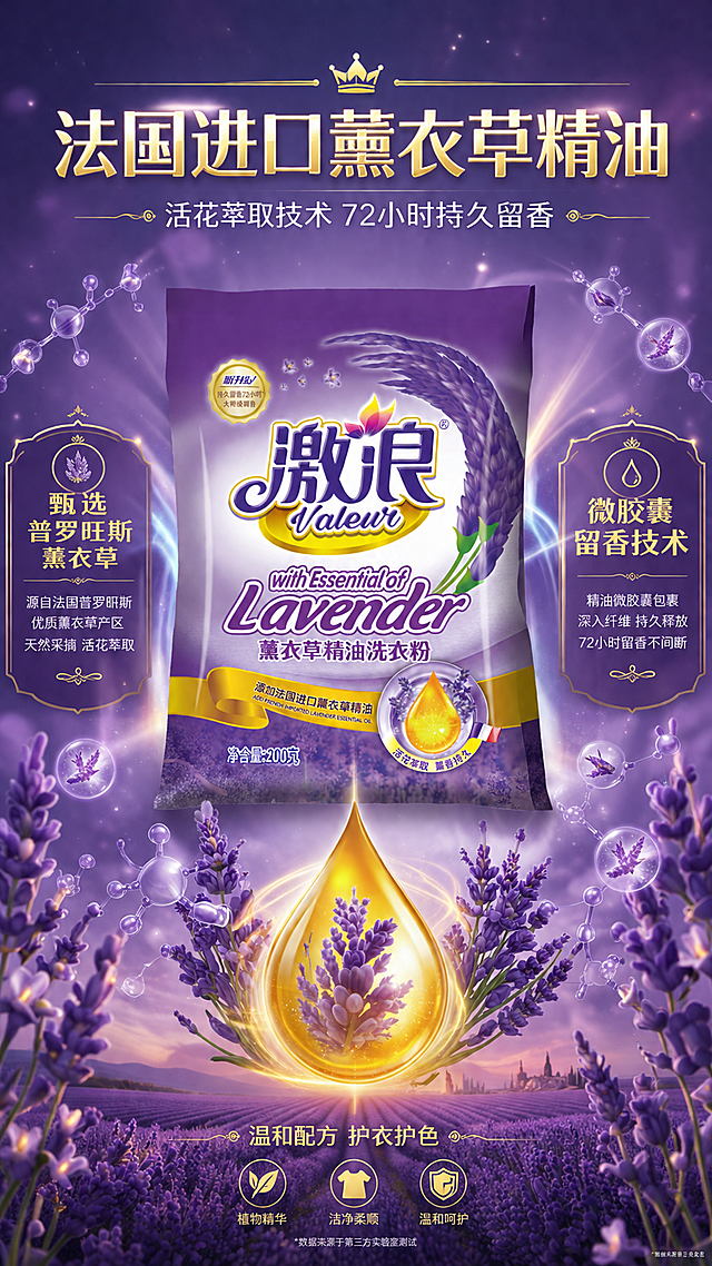 [第4屏] 成分与留香机理-激浪薰衣草精油洗衣粉成分解析。本屏使用【图1】正面包装作为商品主体。
[氛围/风格] 高级感成分解析风，紫色梦幻氛围，精油分子可视化，科技感与自然感结合。
[元素布局] 画面中央偏上放置洗衣粉包装袋正面，占比约40%；包装袋下方一滴金色精油水滴放大特写，精油滴中可见薰衣草花瓣纹理；周围环绕漂浮的精油分子结构和薰衣草小花，从下往上飘散；左侧标注「法国进口薰衣草精油」，右侧标注「活花萃取 薰香持久」；底部为薰衣草花田远景，营造自然来源感。
[光影质感] 中央精油水滴有强烈高光和通透感，金光闪闪；包装袋正面光照均匀清晰；整体紫调柔光，分子粒子有发光效果。
[配色色系] 全局底色 #6A3D9A 深紫渐变至 #9B7CC4 中紫；主色深紫色；辅助色金色精油、白色分子、绿色花茎。
[视角构图] 中心环绕构图，产品在上，精油滴在中，分子环绕，阅读动线顶部标题 → 中部产品+精油 → 两侧成分说明。
[文字版式] 顶部主标题「法国进口薰衣草精油」，副标题「活花萃取技术 72小时持久留香」；左右两侧信息卡：左侧「甄选普罗旺斯薰衣草」，右侧「微胶囊留香技术」；底部小字「温和配方 护衣护色」；文字用白色和金色搭配，清晰高级。
[比例分辨率] 9:16 竖版比例，4K 分辨率，文字清晰可辨，高清画质。
[负向提示词] 包装袋变形，文字错乱，颜色偏差，水印，成分图虚假医学化，产品模糊。