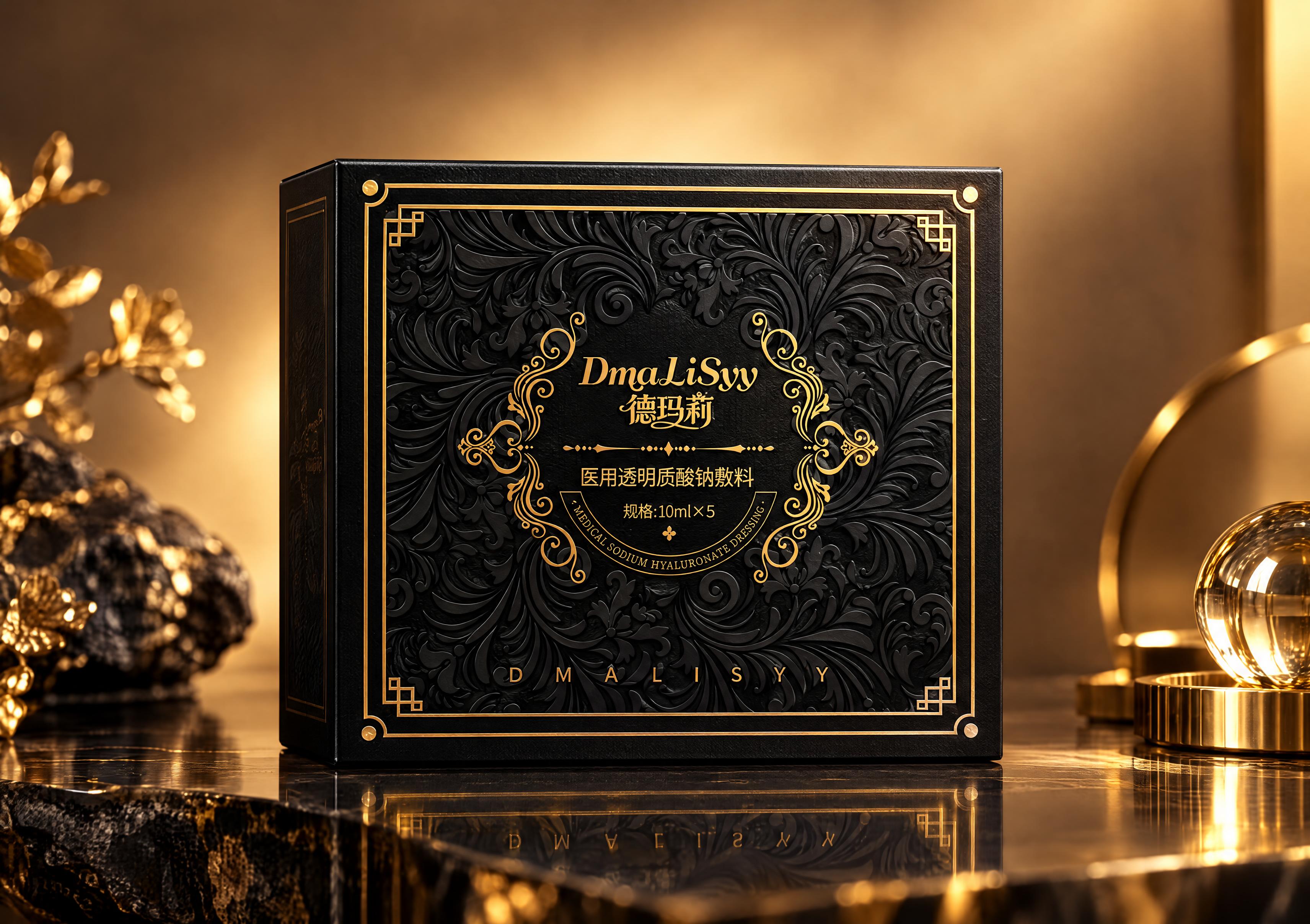 高端黑金风格的护肤品包装盒3D渲染图，黑色哑光盒身，暗纹浮雕凹… - 图片创意预览