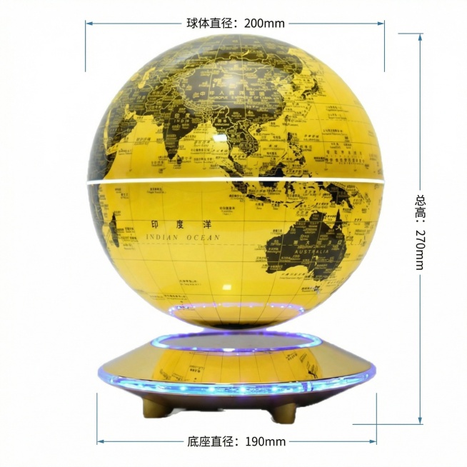 参数图1：清晰展示磁悬浮地球仪的尺寸参数，标注球体直径200mm、总高270mm、底座直径190mm，搭配产品正面图，用简洁排版让参数一目了然预览效果