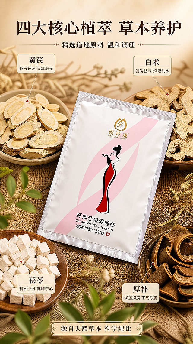 [商品] 使用【图4】膜玲珑纤体轻瘦保健贴独立铝箔袋包装；保留白色袋面、金色Logo「膜玲珑 MO LING LONG」、穿红色长裙的女性剪影图案、「纤体轻瘦保健贴」「方贴 规格:2贴/袋」等所有文字与图案；铝箔袋边缘有银色铝箔质感，袋面平整清晰，不改变任何包装文字。
[画面] 目标：核心草本成分展示页（上），突出黄芪、白术、茯苓、厚朴四大核心植萃。构图：中心产品铝箔袋斜放，周围环绕4种真实草本植物原料（黄芪片、白术块、茯苓丁、厚朴片）的微距特写，每种成分用细线引线标注名称与功效说明；背景为暖米色+浅棕渐变，底部铺麻布纹理，散落干草本植物；前景点缀草本叶片，中景产品与成分环绕，远景虚化草本植物；阅读动线从中心产品向四周扩散看成分。
[视觉] 套系策略：风格=新中式轻奢高级商业摄影；标题字=宋体加粗（雅致有衬线）；正文字=思源黑体简洁无衬线；主色=暖米白+棕金色；背景延展=基于暖米白做深浅层级、同色系渐变和麻布/宣纸质感；强调色=朱砂红棕，仅用于小面积图标、引线和重点标签；标题色=深棕褐色；正文色=中暖棕灰；组件=圆角浅金信息卡、细金线引线、草本装饰元素；光影=顶部45度暖柔光，草本纹理清晰，产品正面受光均匀。
[文字] 顶部主标题「四大核心植萃 草本养护」，副标题「精选道地原料 温和调理」；4种成分引线标注分别为「黄芪 — 补气升阳 固本培元」「白术 — 健脾益气 燥湿利水」「茯苓 — 利水渗湿 健脾宁心」「厚朴 — 燥湿消痰 下气除满」；底部小字「源自天然草本 科学配比」；所有文字横向排版。
[规格] 图片比例9:16竖版，4K，避免变形、错字、文字过小、功效承诺词、包装文字错乱、冷色调、绝对化用语。
