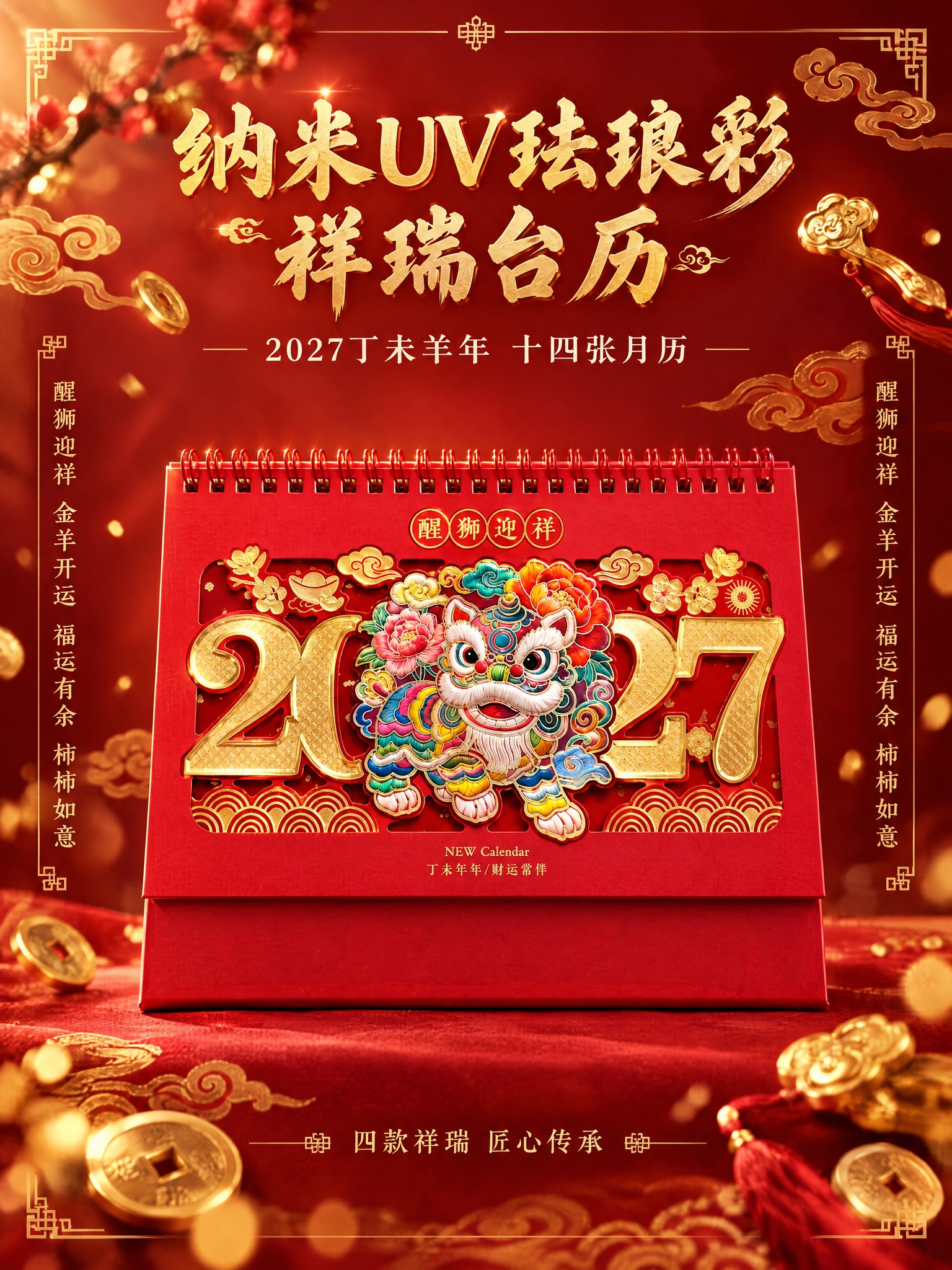 [商品] 使用【醒狮迎祥款】台历封面作为主视觉；严格保留顶部圆… - 图片创意预览