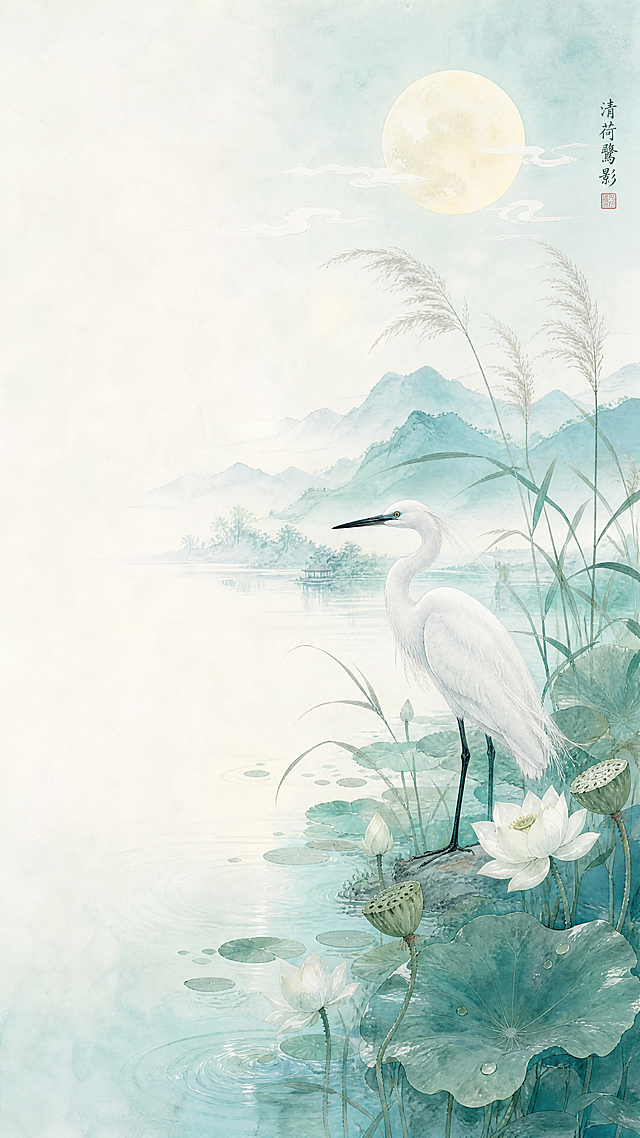 新中式国风水彩插画，一只身姿优雅的白色白鹭立于荷塘水边，白鹭羽毛细腻柔和，修长黑腿，身旁生长芦苇、翠绿荷叶、白色荷花与莲蓬，平静水面泛起淡淡水波纹，远景朦胧青蓝色层叠远山，后方一轮柔和淡黄色圆月，轻薄缥缈流云，整体清浅薄荷蓝青绿色调，淡彩晕染质感，画面左侧留有大量干净留白，淡雅清冷静谧氛围感，国风手绘质感，主体完整无裁切