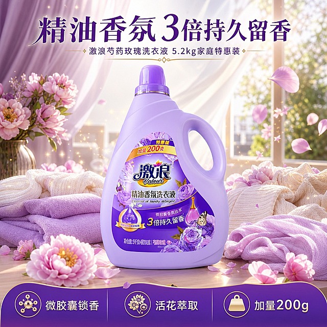 [商品] 使用【图1】激浪精油香氛洗衣液5.2kg特惠装；保留淡紫色瓶身、紫色瓶盖、提手结构、激浪Valeur Logo、瓶身标签全部文字、芍药玫瑰图案、加量200克标识、净含量信息；修复瓶身反光与杂色，让标签文字更清晰锐利，不改变产品结构和颜色。
[画面] 目标：头图海报，突出大容量家庭装与持久留香核心卖点。构图：上下分栏，上方70%为产品主视觉，洗衣液瓶置于铺满干净柔软衣物的家居洗衣台中央，周围环绕芍药玫瑰花瓣与香氛光粒子，背景是暖光下的阳台落地窗纱帘；下方30%为信息条带。产品占画面约55%。
[视觉] 套系策略：风格=高级感香氛家居商业摄影；标题字=优雅衬线粗体；正文字=现代无衬线黑体；主色=紫罗兰紫；背景延展=基于紫罗兰紫做深浅渐变、同色系层次、柔光纱幔质感与织物纹理；强调色=香槟金，仅用于小面积图标、分割线和标签；标题色=深紫罗兰；正文色=炭灰紫；组件=香槟金描边圆角卡片、细金线引线、花瓣装饰；光影=右侧逆光轮廓光+前侧暖柔光，柔和长阴影。
[文字] 画面上方主标题「精油香氛 3倍持久留香」，副标题「激浪芍药玫瑰洗衣液 5.2kg家庭特惠装」；底部信息条3个卖点胶囊：「微胶囊锁香」「活花萃取」「加量200g」；文字不遮挡产品主体和Logo。
[规格] 图片比例1:1，4K分辨率，负向提示：避免变形、错字、文字过小、冷蓝灰背景、产品颜色改变、瓶身文字错乱、夸张污渍、绝对化用语。