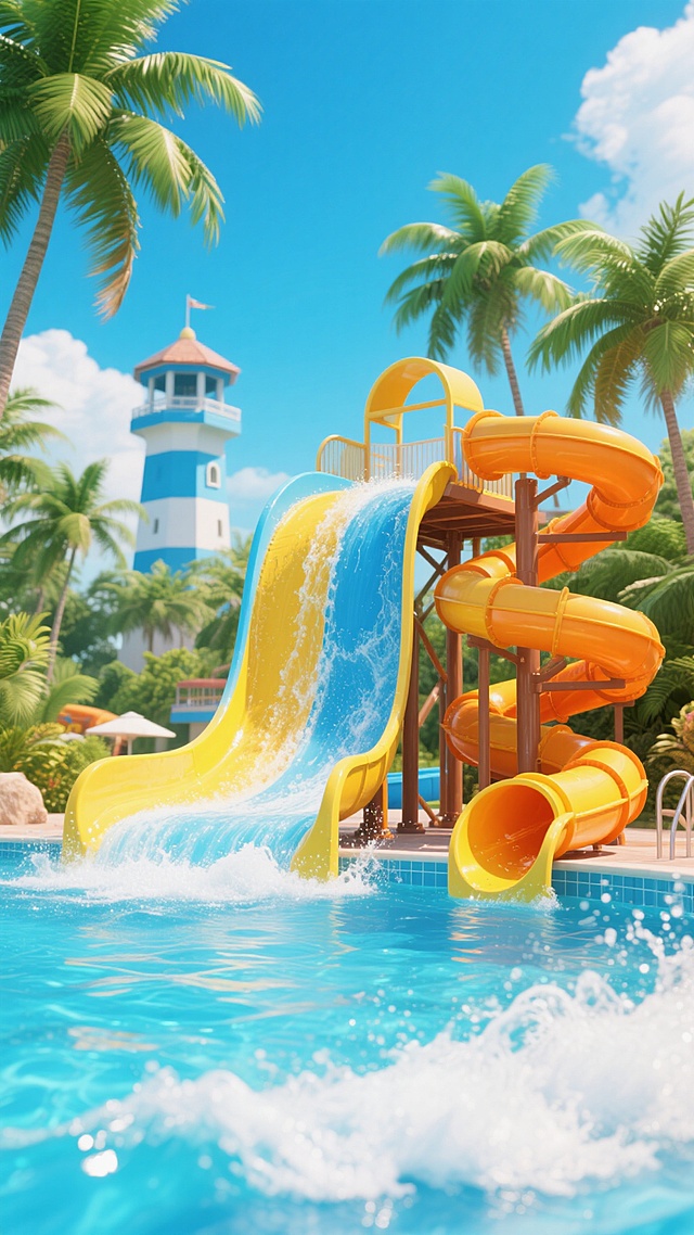 水上乐园主题，明亮阳光下，碧蓝清澈的泳池水面波光粼粼，前景有白色浪花溅起。中央是大型水上滑梯组合，主体为黄色和蓝色相间的波浪形宽滑道，水流倾泻而下，右侧连接多个橙黄色螺旋管状滑道，支撑结构为棕色。背景有高大的绿色棕榈树，左侧远处可见一座蓝白相间的塔楼式建筑，周围环绕茂密的热带植被。整体风格为明快、写实的3D渲染，色彩鲜艳饱和，光影对比强烈，营造出欢乐、活力的夏日氛围。