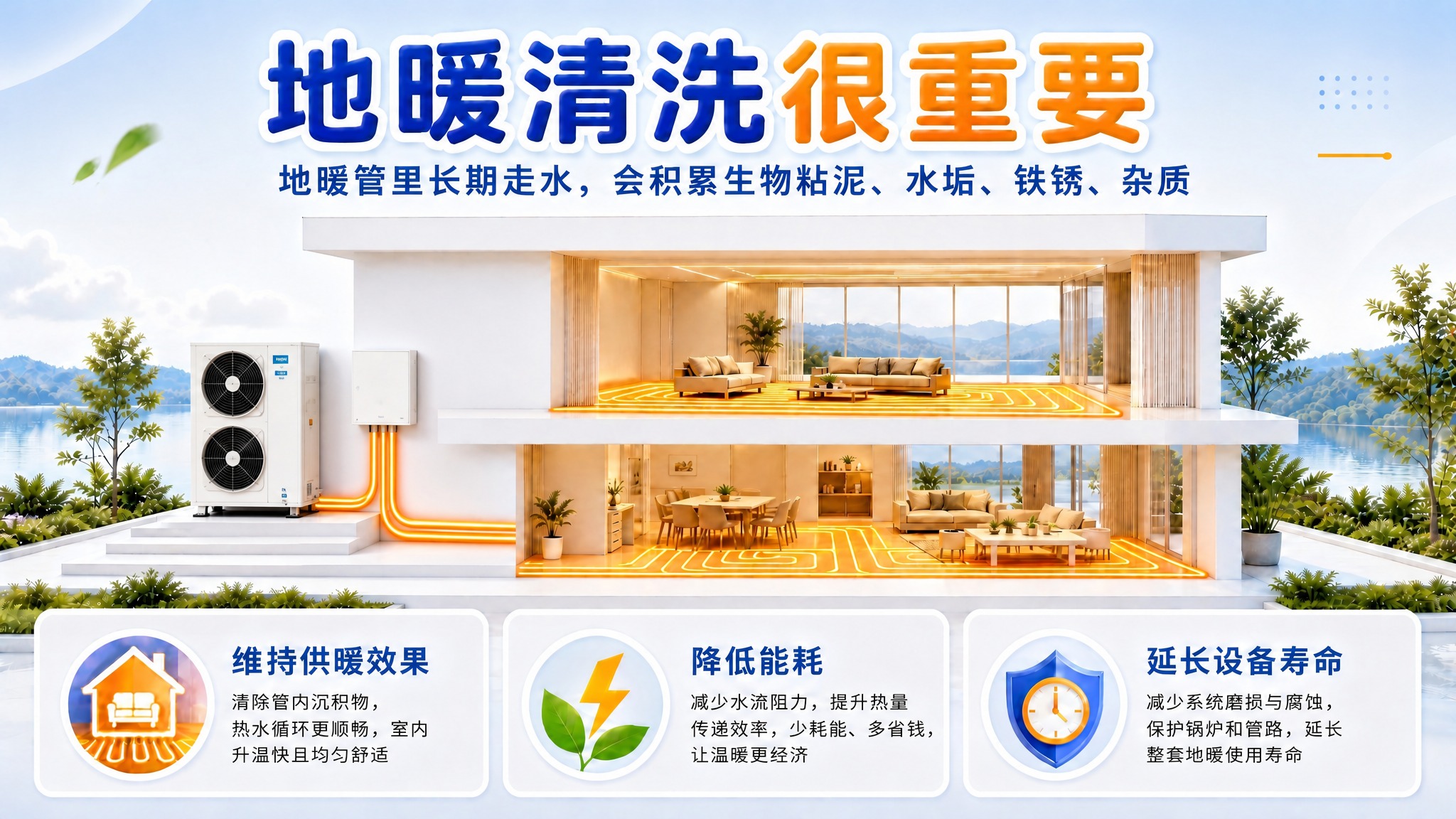 编辑这张「地暖清洗很重要」科普海报（第一张图）：在别墅左侧外墙… - 图片创意预览