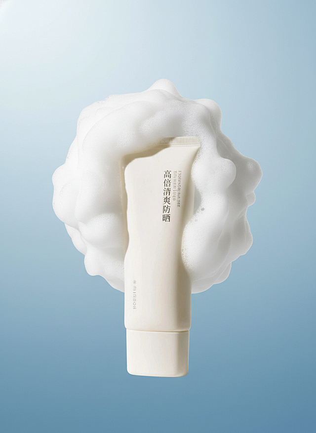 3D液态风设计，轻拟物泡沫环绕防晒瓶，简约主义呈现清爽、柔和、舒适与清透感，呼应夏日清新氛围。