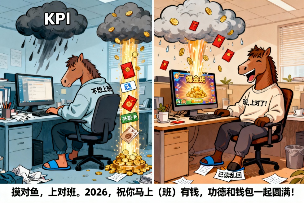 职场锦鲤·「马上有钱」

谐音梗：马上 = 马（上）班
网络梗融合：“脆皮打工人”、“职场锦鲤”、“功德+1”、“财运喷射”
目标场景：办公室社交、新年开工、财运祈福
插画详细描述：
主体：一匹穿着宽预览效果