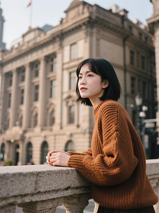 女孩，焦糖色针织衫，上海外滩的欧式建筑前，复古棕调，斜侧拍视角，手搭在石栏上。脸部和发型换成参考图人物照片的脸部和发型。