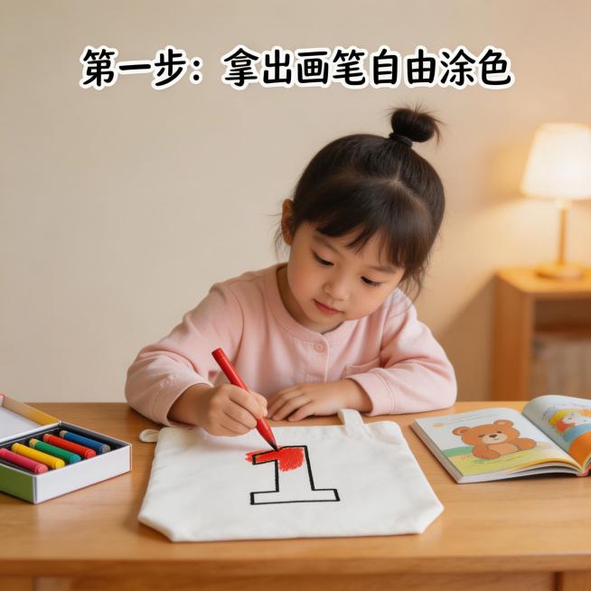 小红书图文内页图，1:1比例，实拍展示小朋友拿蜡笔正在给帆布袋上的数字轮廓涂色，桌面放着彩笔和绘本，标题文字"第一步：拿出画笔自由涂色"，整体氛围温馨治愈，适合亲子早教场景，风格清晰明亮预览效果