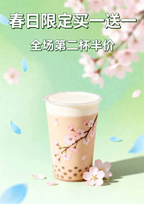 春日奶茶店促销海报，风格清新治愈，配色为淡绿色、浅粉色和天蓝色，搭配樱花元素，主标题文案是"春日限定买一送一"，副标题文案是"全场第二杯半价"，简约排版，高清商用品质，整体氛围温馨清新。预览效果