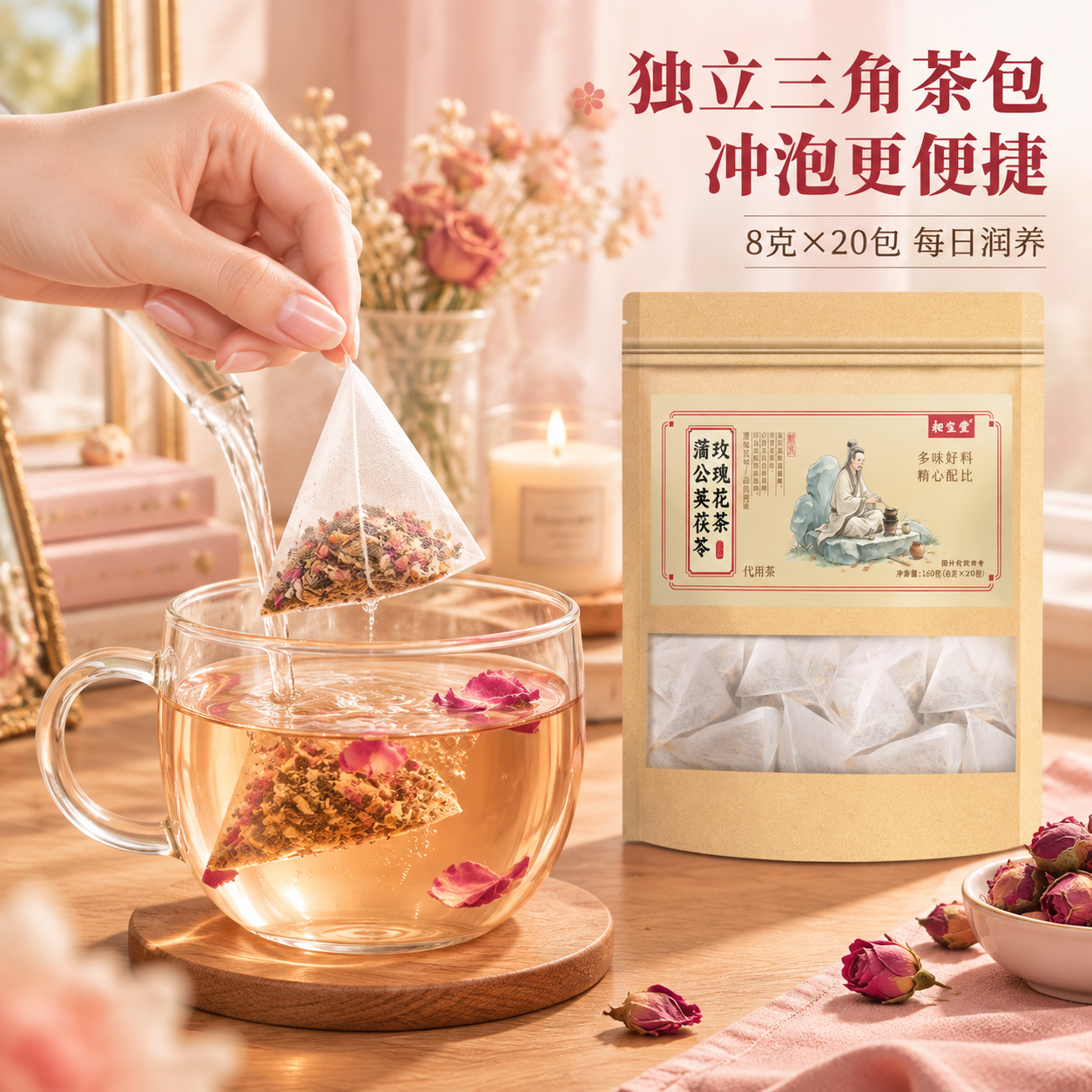 [主图-3] 细节与使用场景，主题为展示三角茶包细节与日常养颜… - 图片创意预览